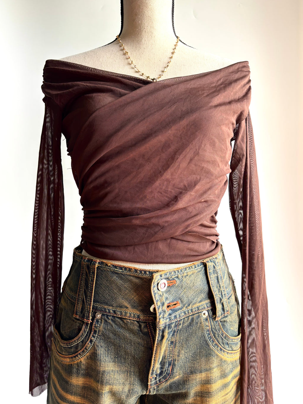 Brown mesh top