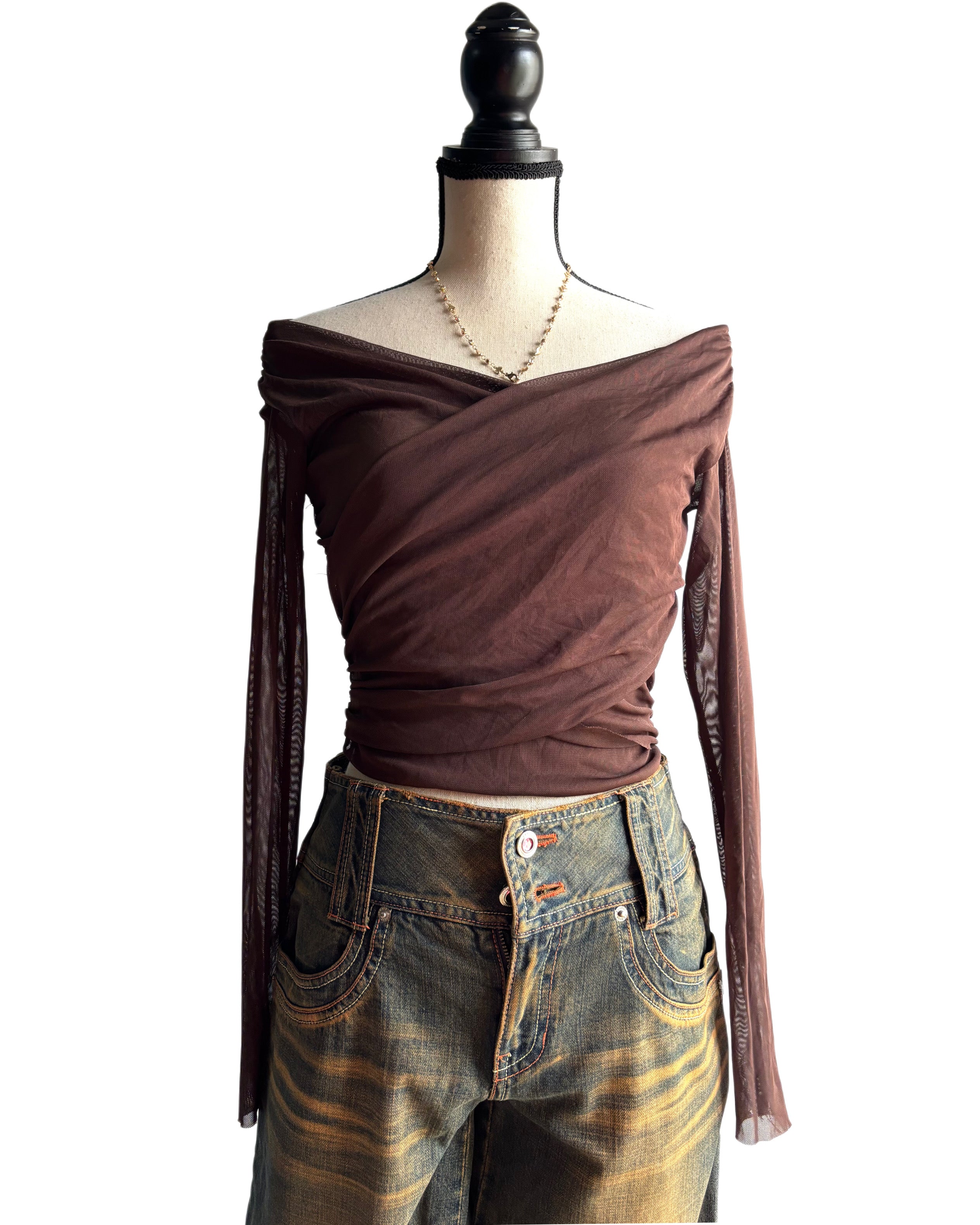 Brown mesh top