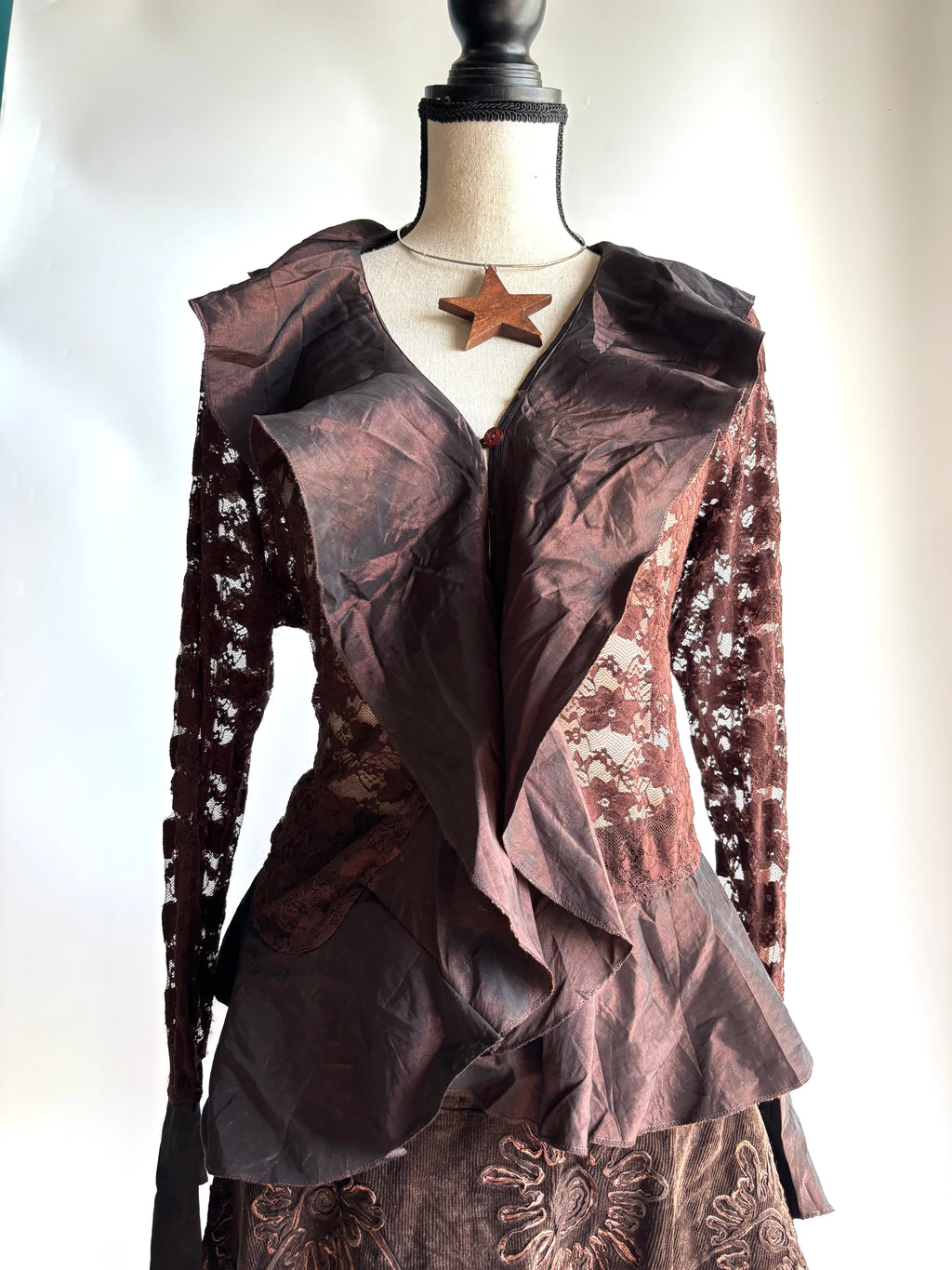 Brown mesh ruffle top